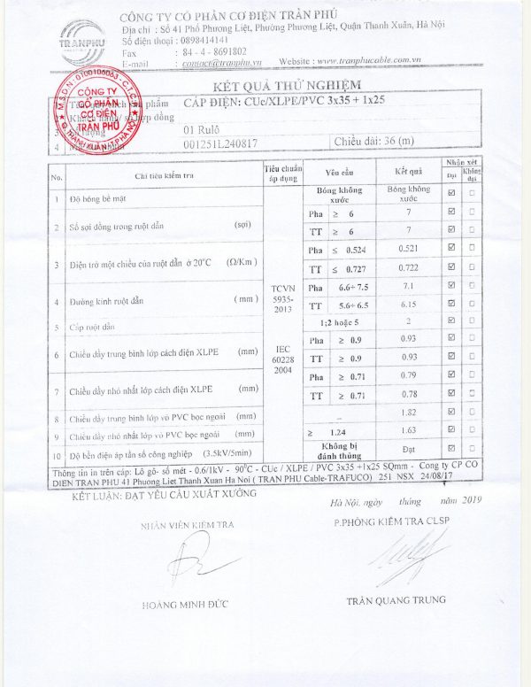 Xuất xưởng cáp treo 3x35+1x25