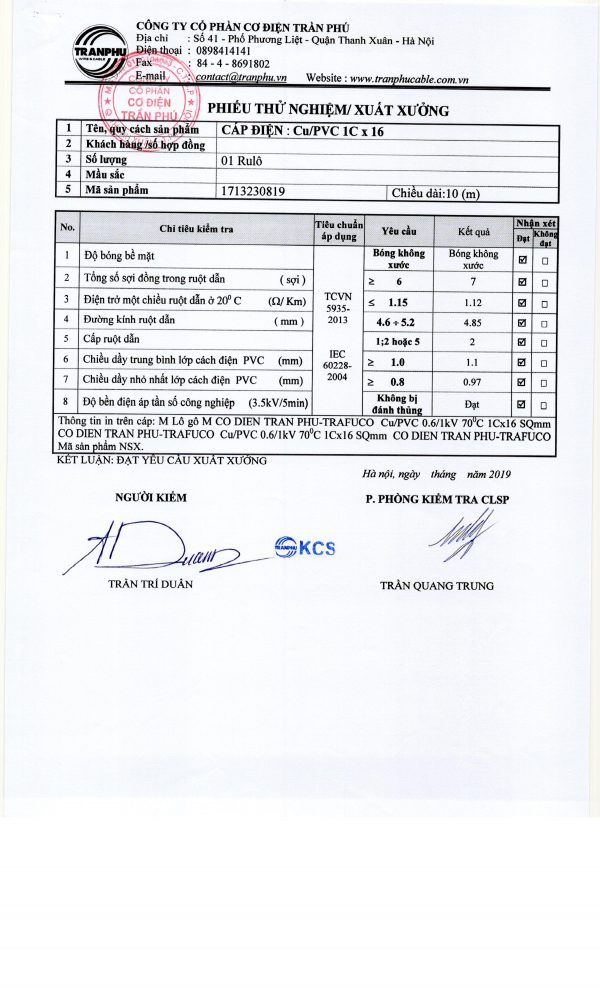 Xuất xưởng cáp CV 1x16