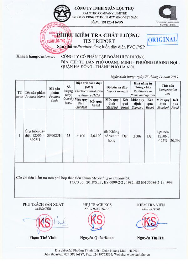 Chứng chỉ ống SP 9025H